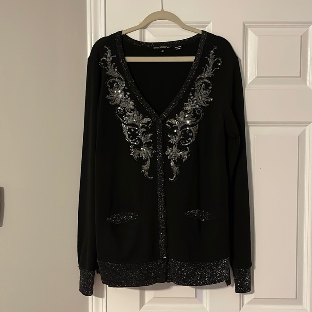 Embellished Black V-Neck Women's Sweater Cardigan